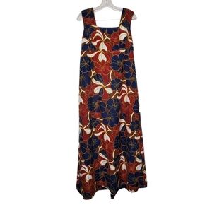 Maluna Hawaii 60s Vintage Hawaiian Dress, Red & Blue Hibiscus Floral Maxi Sz M